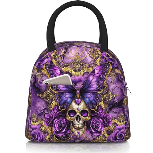 Butterfly Skull Lunch Box for Women Men Insulated Gothic Purple Butterfly Lunch Bag Reusable Large Containers Cooler Lunch Tote Bag for Office Work Picnic Hiking - color: Butterfly Skull
