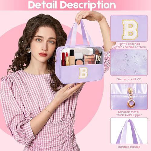 Personalized Initial B Clear Purple Makeup Bag - Large Travel Toiletry Bag, Cute Cosmetic Organizer Set for Girlfriend, Teacher, Teen Girl Gifts - color: Purple, style: B