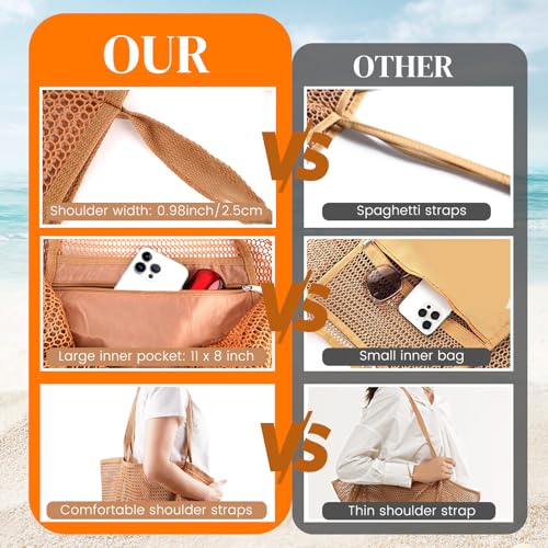 HOHOM Beach Bags for Women, Summer Travel Mesh Tote Bag with Large Inner Pocket, Sandproof Woven Shoulder Handbag - color: Tan