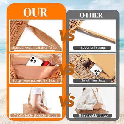 HOHOM Beach Bags for Women, Summer Travel Mesh Tote Bag with Large Inner Pocket, Sandproof Woven Shoulder Handbag - color: Tan