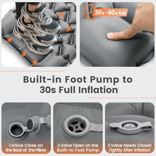 Ultralight Sleeping Pad for Backpacking, 4" Thick & 1.9 lb, with Built-in Pillow & Fast Foot Pump, Compact Inflatable Mat for Hiking and Camping - color: Grey