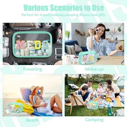 BuyCard Clear Meds Chenille Letter Bag, PVC Makeup Bag, Portable Preppy Patch Makeup Bag with Zipper, Cosmetic Toiletry Travel Storage Medicine Bag for Women Girls, Green - color: MEDS-Green, style: 1 Pcs-clear