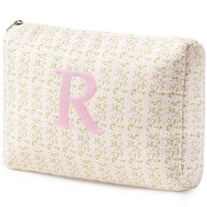HBselect Initial Quilted Makeup Bag, Pink Cosmetic Travel Toiletry Bag, Flowers Coquette Zipper Make Up Pouch Organizer Teen Girl Gift Trendy Stuff R - color: 1Pc Medium Pinkflower, style: R