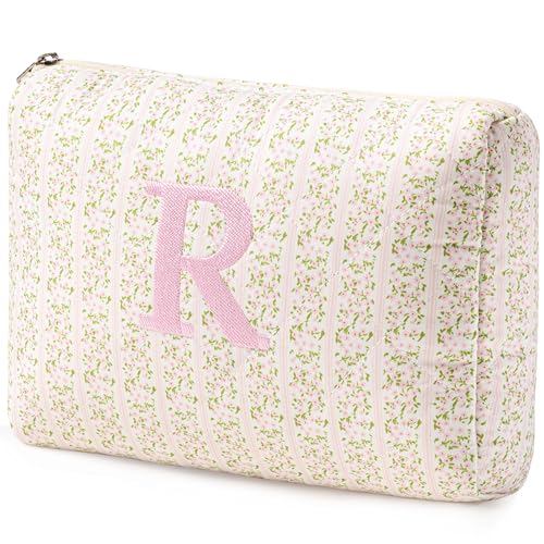 HBselect Initial Quilted Makeup Bag, Pink Cosmetic Travel Toiletry Bag, Flowers Coquette Zipper Make Up Pouch Organizer Teen Girl Gift Trendy Stuff R - color: 1Pc Medium Pinkflower, style: R