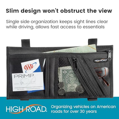 High Road Car Visor Organizer with Secure Zip Pockets, Sunglasses Holder and Clear Registration and Insurance Pocket - Heavy Duty Straps Fit Most Car, SUV and Truck Visors