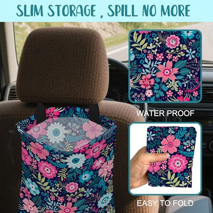 Car Garbage Bag Abstract Blue Pink Flowers Hanging Canvas Car Trash Bag Waterproof Drawstring Car Back Seat Organizer for Car Back Front Seat Console with Adjustable Buckle - color: Abstract Blue Pink Flowers