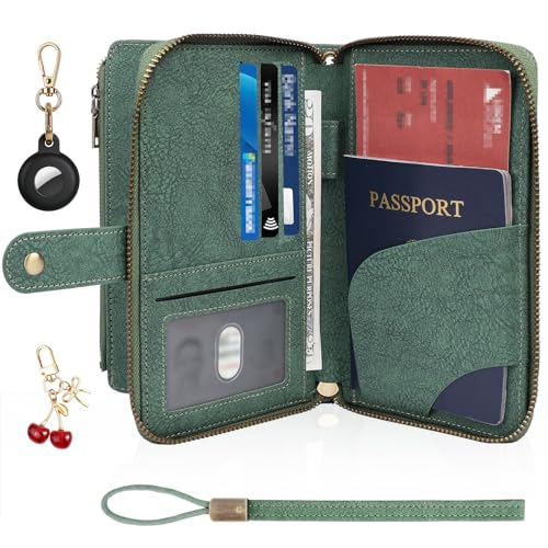 RFID Blocking Passport Wallet, Anti Theft PU Texture Passport Pouch with Tracker Case, Travel Document Organizer Zipper Wallet with Wrist Strap & Keychain, Gifts for Women and Men (Green) - color: Texture-Green