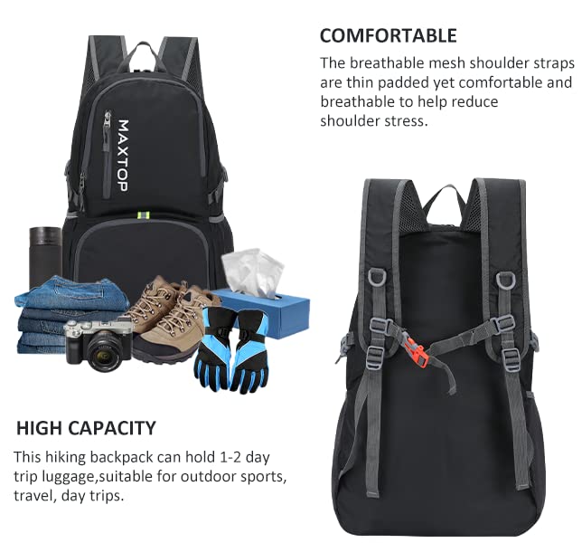 MAXTOP 40/50L Lightweight Packable Backpack for Hiking Traveling Camping Water Resistant Foldable Outdoor Travel Daypack - color: Black