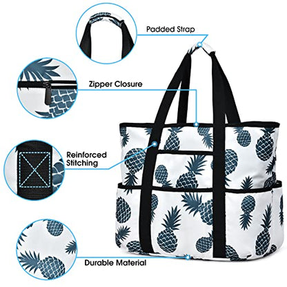Becokan Beach Bags for Women Large Beach Tote Bag with Zipper Pockets Beach Bag Waterproof Sandproof Travel Nurse Tote Bag - color: Blue Pineapple