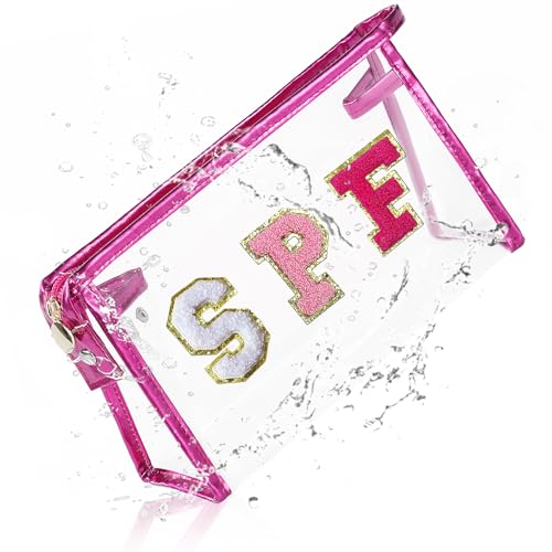 COSHAYSOO Sunscreen Bag Clear Makeup Toiletry Pouch Beach Vacation Essentials for Women Teen Girls Trip Gifts Summer Pool Travel Must Have Accessories Waterproof Stuff - color: Pink-SPF