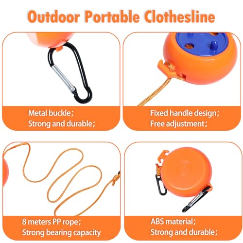 Camping Retractable Clothesline, Adjustable 32ft/10M Camping Clothesline, Portable Travel Clothesline with 20 Clothespins,10 Stoppers