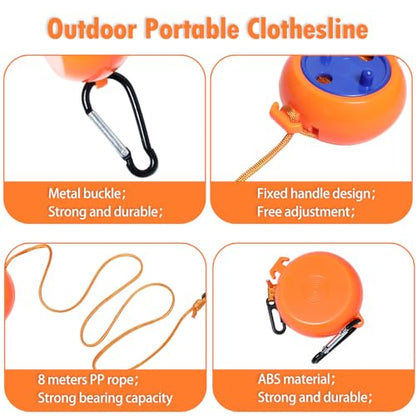Camping Retractable Clothesline, Adjustable 32ft/10M Camping Clothesline, Portable Travel Clothesline with 20 Clothespins,10 Stoppers