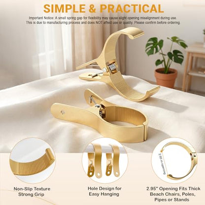 4 PCS Extra Large Beach Towel Clips,5.1 Inches Heavy Duty Aluminum Alloy + Stainless Steel Clip for Chairs,2.95 Inch Opening,Portable Windproof Cruise Ship Essentials,for Laundry,Camping and Travel - color: Gold