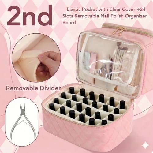 BAGCRAZY Nail Polish Organizer Case, Double Layer Nail Supplies Storage Bag holds 24 Bottles & UV/LED Lamp, Quilted Portable Manicure Travel Case with 8 Pcs Tools, for Nail Tech, Home & Salon, Pink - color: Pink