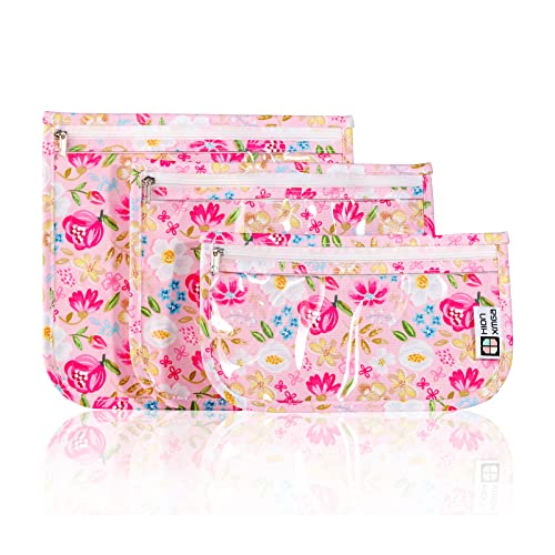 HIONXMGA TSA Approved Toiletry Bag, Set of 3 Clear Travel Toiletry Bag Quart Size Zipper Travel Pouch, Waterproof Makeup Cosmetic Bag for Women Men Kids Toiletries Carry on, Flowers - color: Flowers, Mixed Sizes