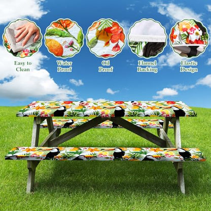 Boao 3 Pcs Vinyl Picnic Table Cover with Bench Cover 6 ft 30 x 72 Inch Waterproof Fitted Tablecloth Flannel Backing Rectangular Elastic Edged for Camping Outdoor Patio Travel(Toucan) - color: Toucan