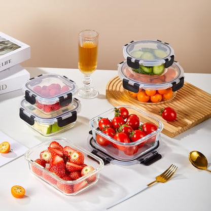 Liuruiyu 12 Pack Glass Food Storage Containers with Lids, Meal Prep Containers, Airtight Bento Boxes with Leak Proof Locking for Microwave, Oven, Freezer and Dishwasher, BPA Free - color: 12 Pack-(10.5-51.1oz)
