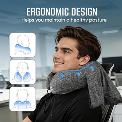 SkytraxComf® Travel Neck Pillow with Hood for Privacy on Long Flights | Memory Foam | Airplane Sleep | Safety-Tested Materials | Extra Large Hood | Chin Support | Earplugs | Washable Cover - color: Grey