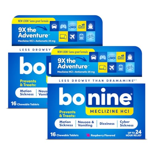 Bonine Non-Drowsy Motion Sickness Relief - 32 Chewable Tablets with Meclizine HCL 25mg - Non Drowsy Medicine for Nausea or Motion Sickness - Cruise Essentials - Raspberry Flavor - size: 2x 16 Count