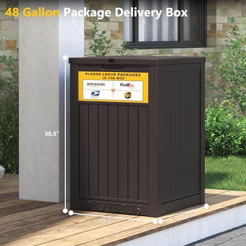 LHBGO Package Delivery Box for Outside, with Delivery Sign 48 Gallon Storage with Lockable Secure, Large Resin Outdoor Package Drop Container - color: Brown with Delivery Sign