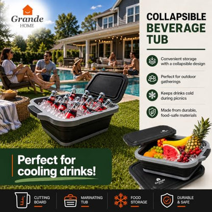 BBQ Prep Tub Collapsible EXTRA-LARGE w/Cutting Board, Locking Lid – Meal Prep Food Prep Containers w/Lids for Resting Meat –3 Adjustable Height - Ideal for Camping, Picnic, Dish Basin