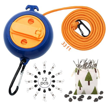 Portable Travel Clothesline Cord, Caudblor Adjustable 33ft Camping Clothes line, Laundry Drying Rope for Hotel Trip, Cruise, Outdoor/Indoor, with 12Pcs Stoppers, Windproof Clothespins - style: Blue Yellow