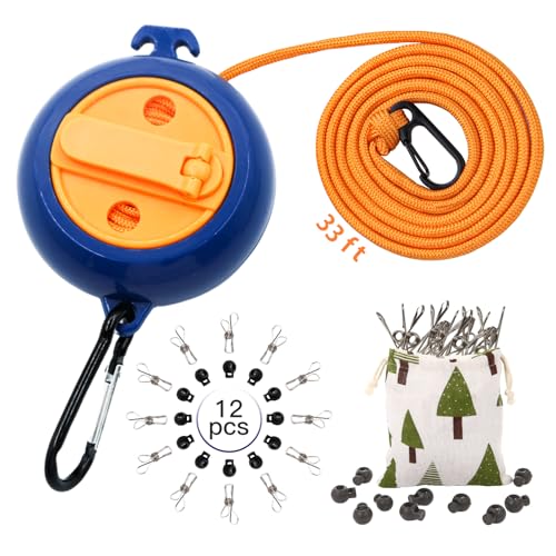 Portable Travel Clothesline Cord, Caudblor Adjustable 33ft Camping Clothes line, Laundry Drying Rope for Hotel Trip, Cruise, Outdoor/Indoor, with 12Pcs Stoppers, Windproof Clothespins - style: Blue Yellow