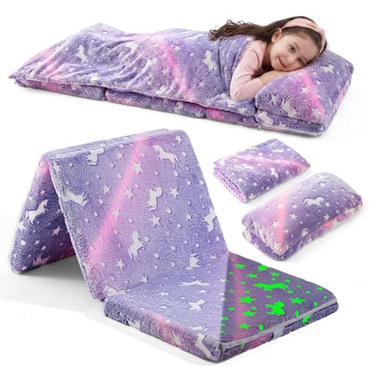 Preschool Nap Mat with Pillow and Blanket, 21" x 50" Glow Sleeping Bag Toddler Nap Mat for Daycare Kids, 2" Thick All in one Foldable Floor Mattress for Girl Boys - style: Unicorn