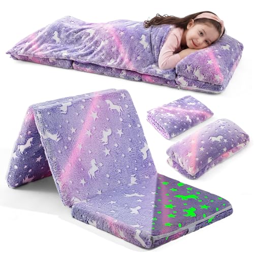 Preschool Nap Mat with Pillow and Blanket, 21" x 50" Glow Sleeping Bag Toddler Nap Mat for Daycare Kids, 2" Thick All in one Foldable Floor Mattress for Girl Boys - style: Unicorn