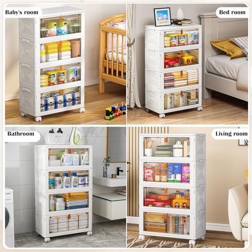 YFXCVSL 4 Tier Plastic Storage Bins with Lid 36QT, Stackable Storage Containers with Wheels, Folding Storage Boxes, Stackable Storage Bins, Organizers and Storage for Living Room,Office,Dorm - size: 4-Tier 36QT