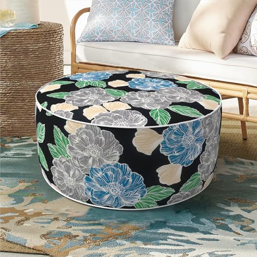 DYTXIII Inflatable Ottoman Stool D21 xH9 for Outdoor/Indoor Use, Water Repellent Patio Foot Rest with Portable Handle,Round Pouf Ottoman Suitable for Garden,Deck and Camping-Peony Garden - color: Peony Garden, size: 21"D x 21"W x 9"H