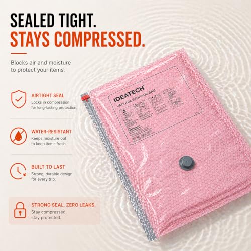 IDEATECH 12 Pack Travel Vacuum Storage Bags with USB Pump, Carry-On Compression Packing Bags, Reusable Space Saver Vacuum Seal Bags for Clothing, Luggage, Essential Travel Pack-4S+4M+4L