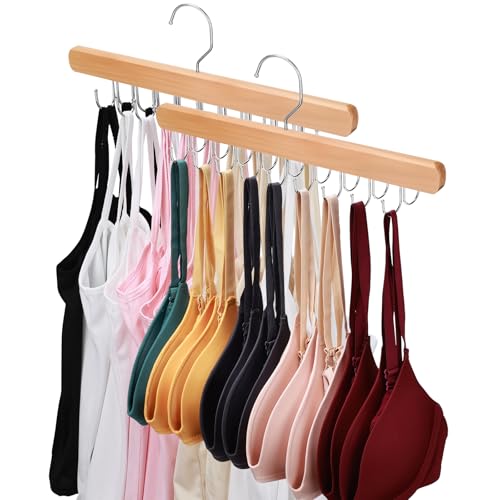NECAMOCU 2 Pack Bra Hanger for Closet Organizer, Premium Wooden Tank Top Hangers with 36 Foldable Hooks, 360° Rotating Design, Space Saving Storage for Tank Tops, Bras, Scarves and More - color: Natural
