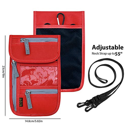 Travel Neck Wallet, RFID Blocking Passport Holder with Adjustable Neck Strap for Men and Women to Keep Cash, Credit Cards and Travel Documents Safe - Red - color: Red
