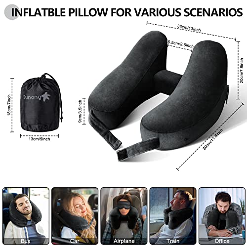 Sunany Travel Neck Pillow for Airplane Pillow Comfortably Supports Head, Neck and Chin, Inflatable Travel Pillow with Soft Velour Cover and Portable Drawstring Bag (Black) (Black, H)