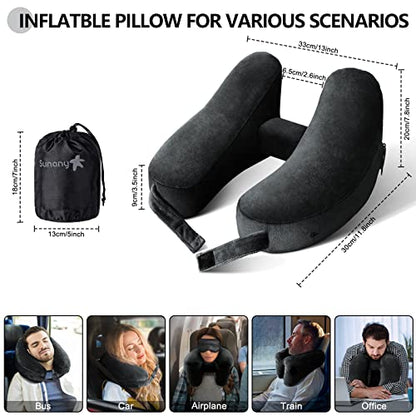 Sunany Travel Neck Pillow for Airplane Pillow Comfortably Supports Head, Neck and Chin, Inflatable Travel Pillow with Soft Velour Cover and Portable Drawstring Bag (Black) (Black, H)