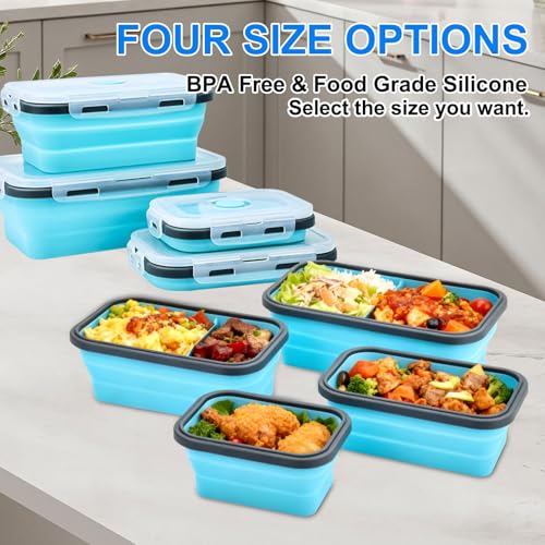 Collapsible Silicone Food Storage Containers 4 Set Airtight Leak Proof Food Containers with Lids Stackable Meal Prep for Microwave Freezer Dishwasher for Kitchen Camping Office Blue - color: Blue with Gray Edges