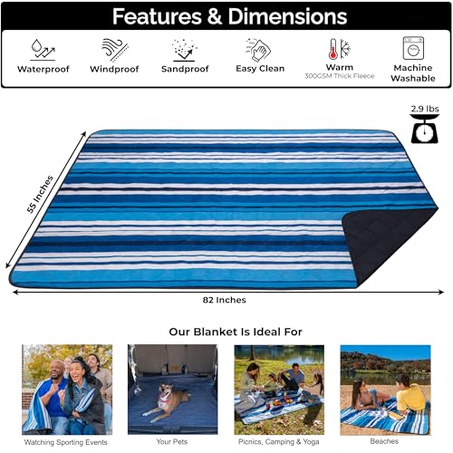 BRAWNTIDE Large Waterproof Outdoor Blanket, Extra Thick Fleece, Warm, Windproof & Sandproof, Quilted Stadium Blanket for Sports Events, Beach, Camping, Picnics, Dogs & Car, 82" x 55 - color: Azure Blue