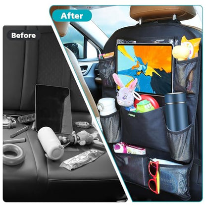 PIDO Backseat Car Organizer, Car Seat Organizer for Kids with Touch Screen Tablet Holder and 8 Pockets, Automotive Seat Back Kick Mat Made with Heavy Duty Fabric, Road Trip Essentials, 2 Pack