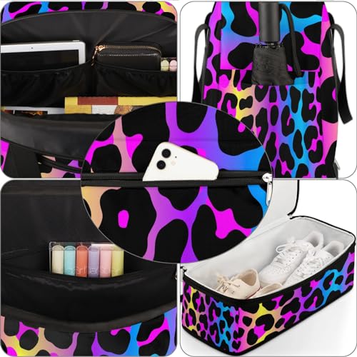 Travel Duffle Bags With Shoes Compartment for Women Men Rainbow Cheetah Leopard Print Lightweigh Sports Tote Gym Bag Foldable Canvas Weekender Overnight Carry On Luggage Handle Bag - color: A05:Rainbow Cheetah Leopard