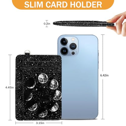 Yonlevres Credit Card Holder Slim Wallet, Moon Lunar Black RFID Wallet Women Front Pocket Small Card Holder, Travel Cute Funny Thin Card Case ID Window PU Leather RFID Blocking Card Organizer Gifts - color: Moon