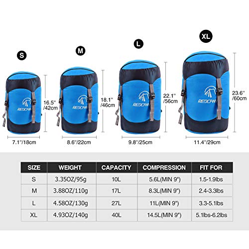 REDCAMP Nylon Compression Stuff Sack, 10L/17L/27L/40L Lightweight Sleeping Bag Compression Sack Great for Backpacking, Hiking and Camping,Blue/Yellow/Army Green/Black - color: Blue, size: Medium