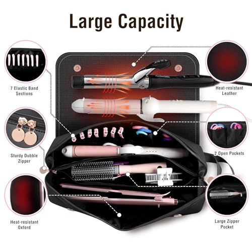 SS Hair Tools Travel Bag and Heat Resistant Mat for Hot Tools, Leather Curling Iron Case, Portable Essentials for Women, Black - color: Black