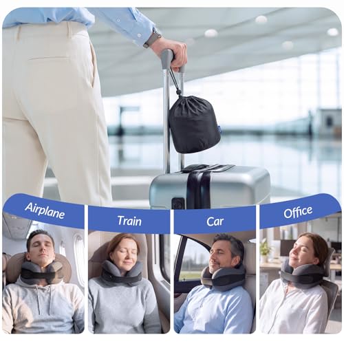 ZIKEE Dual-Layer Memory Foam Neck Pillow for Airplane, Travel Pillow with Seat Straps to Secure Head & Neck, Ergonomic Ear-Friendly Neck Pillow for Traveling with Breathable Vent Holes, Airy Cover