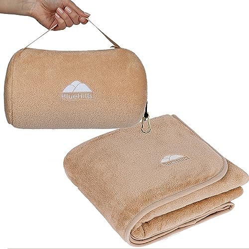 BlueHills Travel Blanket Pillow Rolled Premium Soft Plush Airplane Throw Traveler Essentials Gift Compact in a Bag 70X48 inches Long Car Plane Flight Portable Beige R06 - color: R06-beige