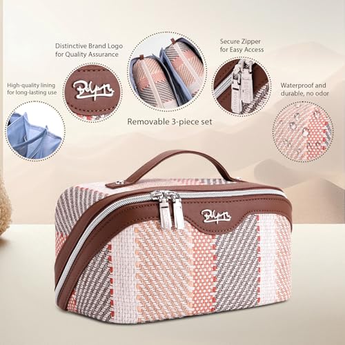 BOYATU Travel Makeup Bag Cosmetic Bag for Women: 3 Pcs Set Make up Bag with Compartments - Waterproof Vegan Leather Toiletry Bags with Handle - Makeup Organizer for Travel Essentials(C-5-Coffee) - color: C-5-Coffee