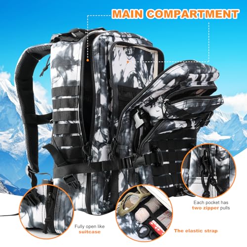Hannibal Tactical MOLLE Assault Backpack, Tactical Backpack Military Army Camping Rucksack, 3-Day Pack Trip w/USA Flag Patch, D-Rings, Black White camo - color: Black/White Camo