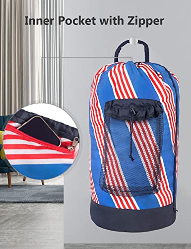 Dalykate Backpack Laundry Bag with Shoulder Straps and Mesh Pocket Durable Nylon Clothes Hamper Bag with Drawstring Closure for College, Travel, Laundromat, Apartment - color: Stripe Blue