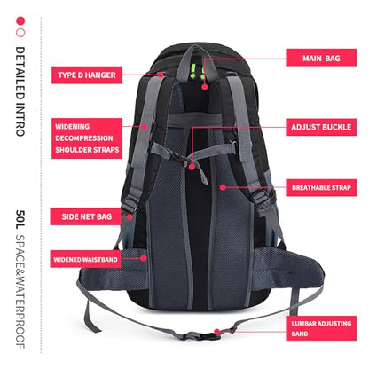 Bseash 50L Hiking Backpack, Water Resistant Lightweight Outdoor Sport Daypack Travel Bag for Camping Climbing Skiing Cycling (Black - No Shoe Compartment) - color: Black - No Shoe Compartment