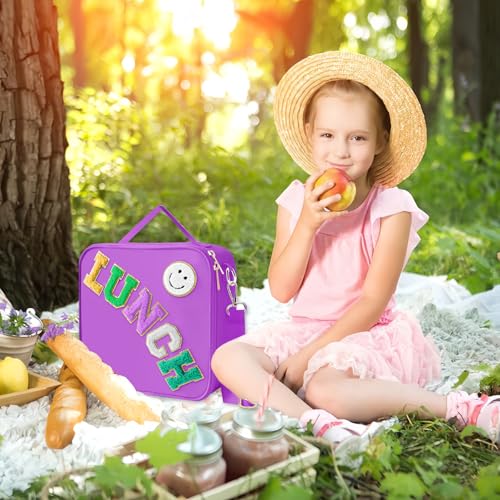 Insulated Lunch Bag With Adjustable Shoulder Strap, Nylon Preppy Lunch Box Large Insulated Lunch Bag Reusable Lunch Tote Bag with Smiley Preppy LunchBag for Girls School Travel Picnic (Dark purple) - color: Dark Purple